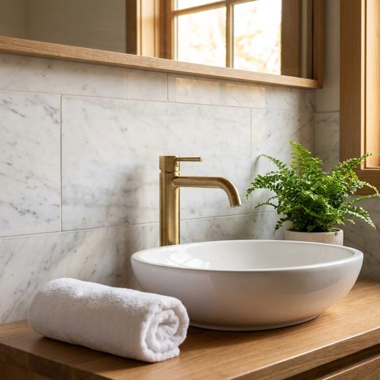 Bathroom vanity with vessel sink against Bianco Carrara 12x24 polished marble wall tile, brass faucet and fern