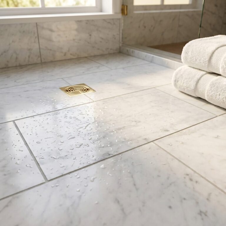 Shower floor in Bianco Carrara 12x24 polished marble tile with a brass drain and folded white towels