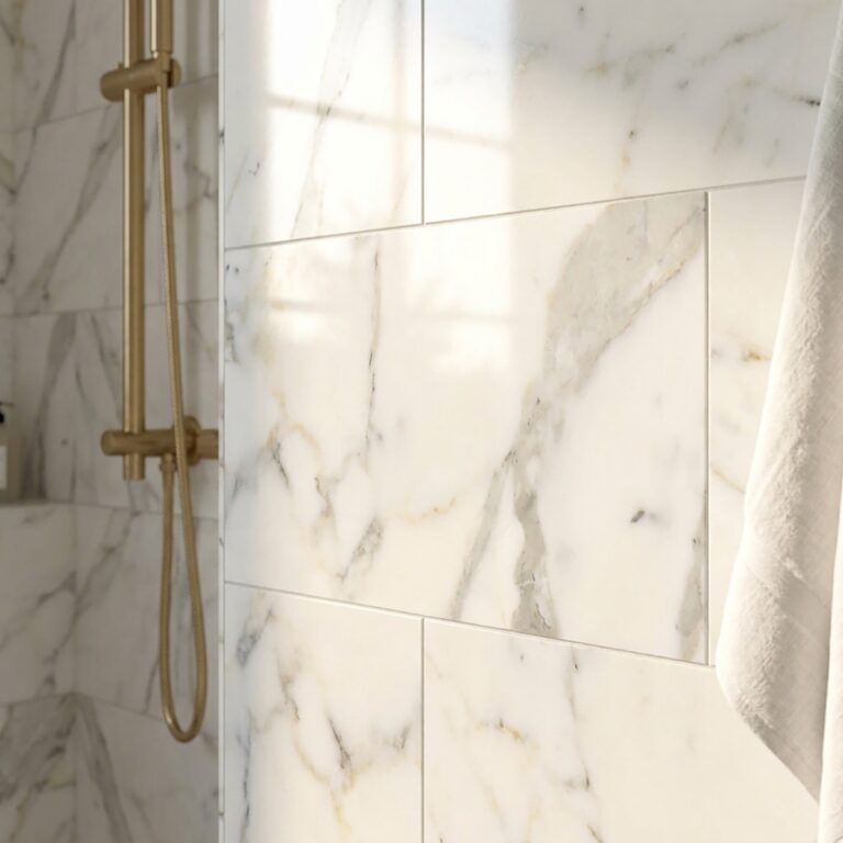 Close-up of a shower wall in Calacatta Gold 12x24 polished marble tile with a brushed gold handheld shower and a folded linen towel