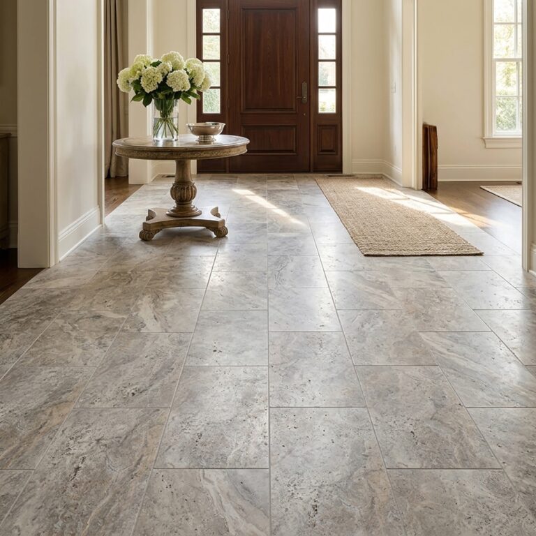 Entryway with Hun Silver 12x24 honed filled travertine floor tile, a round pedestal table, and a jute runner rug