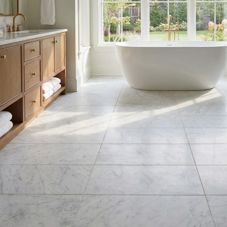 Bathroom with Bianco Carrara 18x36 honed marble floor tile, a freestanding white tub and a wood vanity