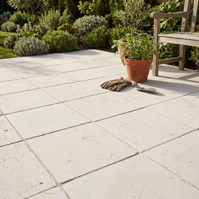 Garden patio in Verano limestone pavers, 16x16 tumbled finish, with a wooden bench and potted plant beside the beds
