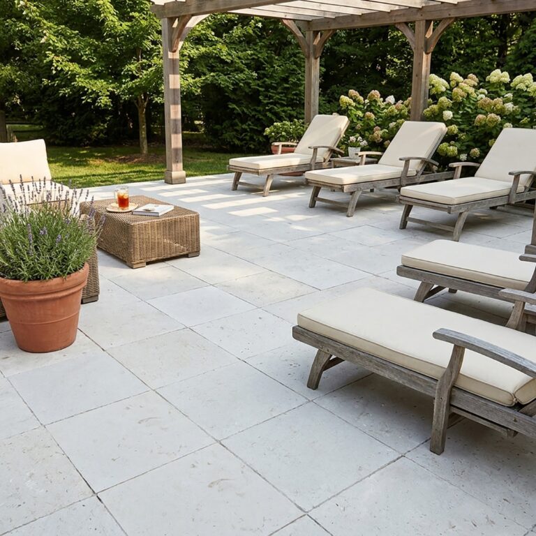 Outdoor patio with pale Verano 16x16 tumbled limestone pavers beside cushioned lounge chairs under a wood pergola