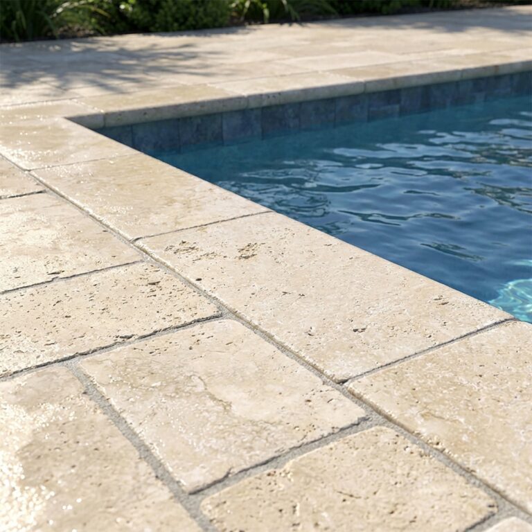 Pool deck in Meditera 12x24 tumbled bullnose coping in beige travertine-look stone along a blue swimming pool edge