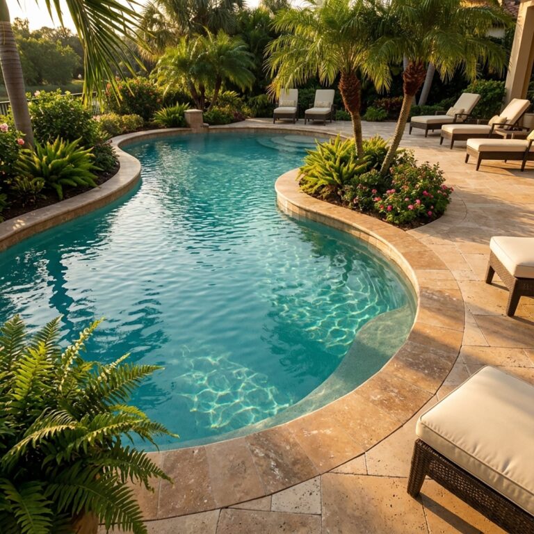 Pool deck in tumbled travertine with bullnose coping in Noce Sephia 12x12 around a kidney-shaped pool with palm trees and lounge chairs