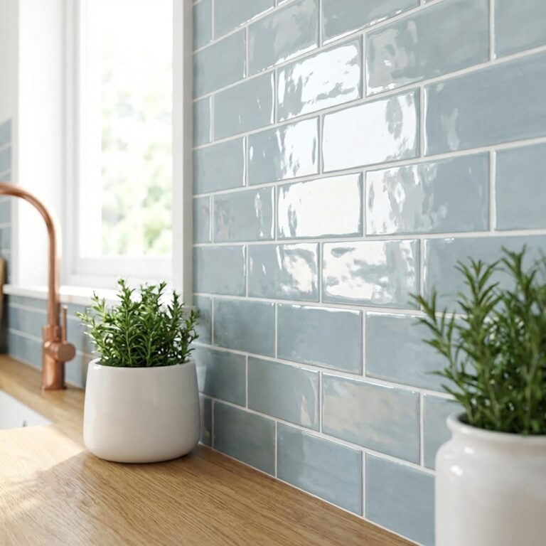 Kitchen backsplash in glossy blue 2-1/2x5 Switch wall tile beside a wood counter and copper faucet