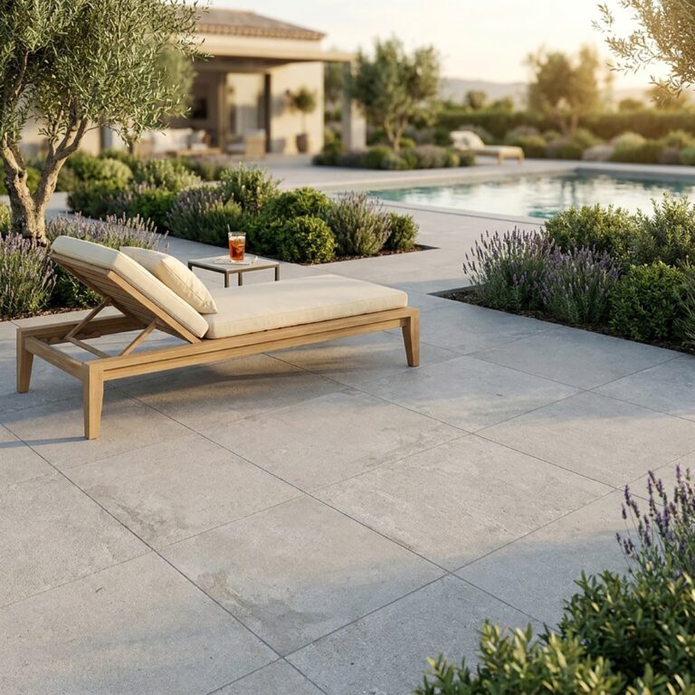 Pool deck in 24x24 silver limestone porcelain pavers with a wood lounger and lavender beds