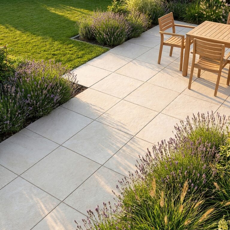 Outdoor patio in 24x24 Silky Stone Light porcelain pavers beside lavender beds, with a wood dining table and chairs