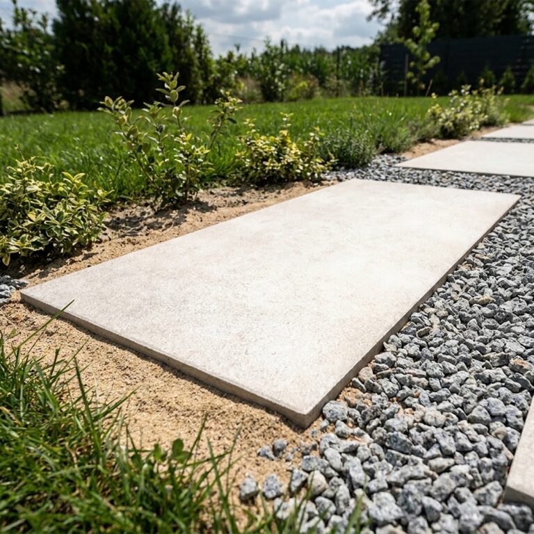 Garden walkway in porcelain pavers, 24x48 Silky Stone Light, set between gravel and lawn