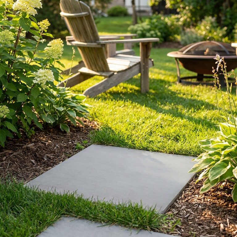 Garden path of gray porcelain pavers beside an Adirondack chair and fire pit, 24x36 Nextone Light Gray