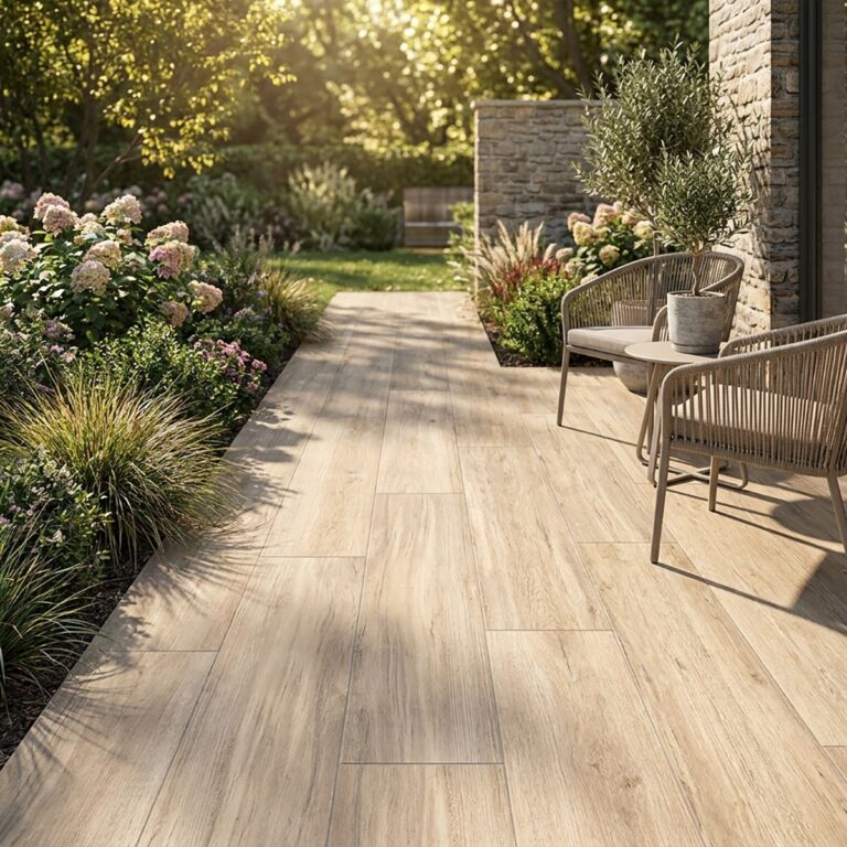 Garden patio in Baltic 12x48 porcelain paver in Amber with woven lounge chairs and a potted olive tree beside a stone wall