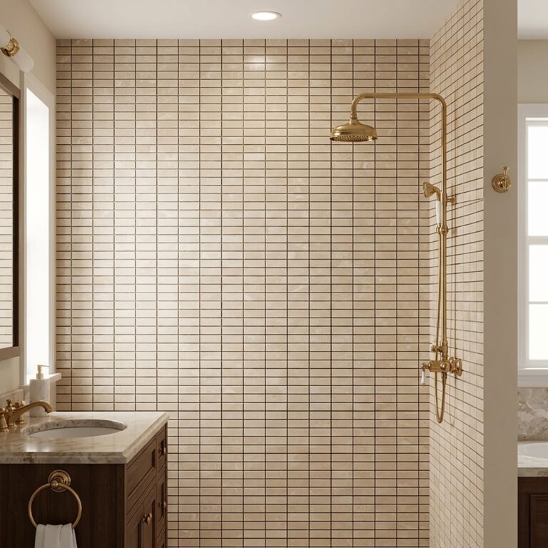 Shower with brass fixtures and Sparta 1x3 polished bar mosaic on walls, with a wood vanity and marble countertop beside it