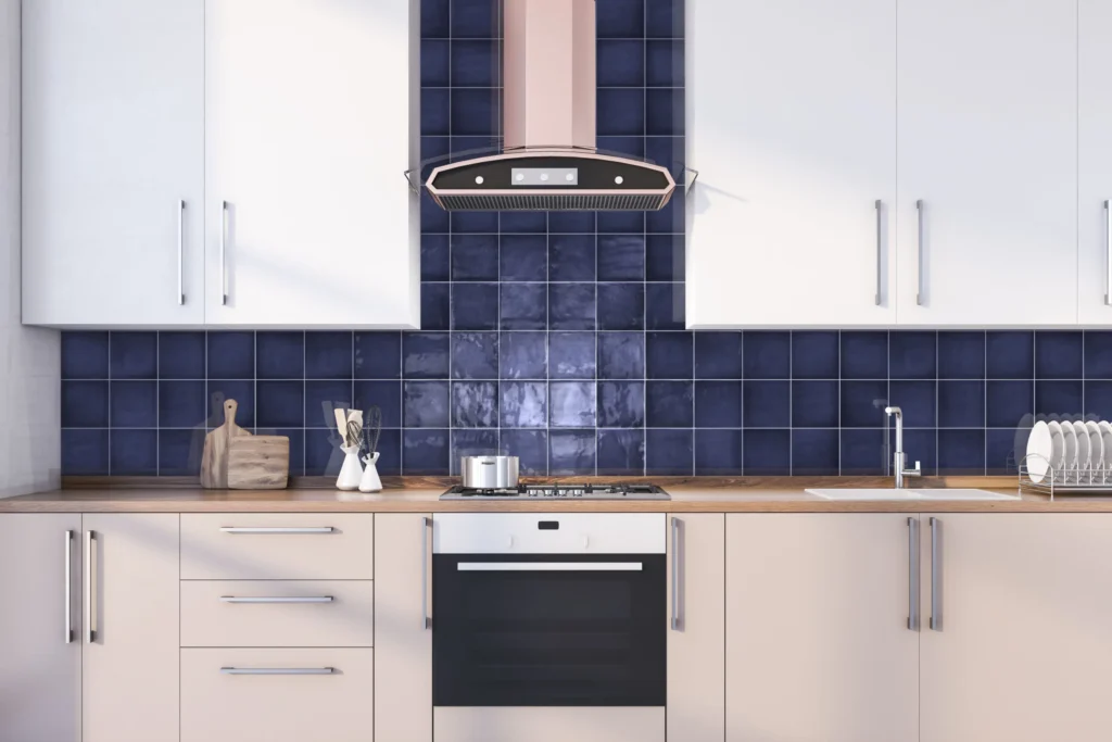 Borriana 5" x 5" Navy Wall Tiles on Colorful Kitchen Backsplash