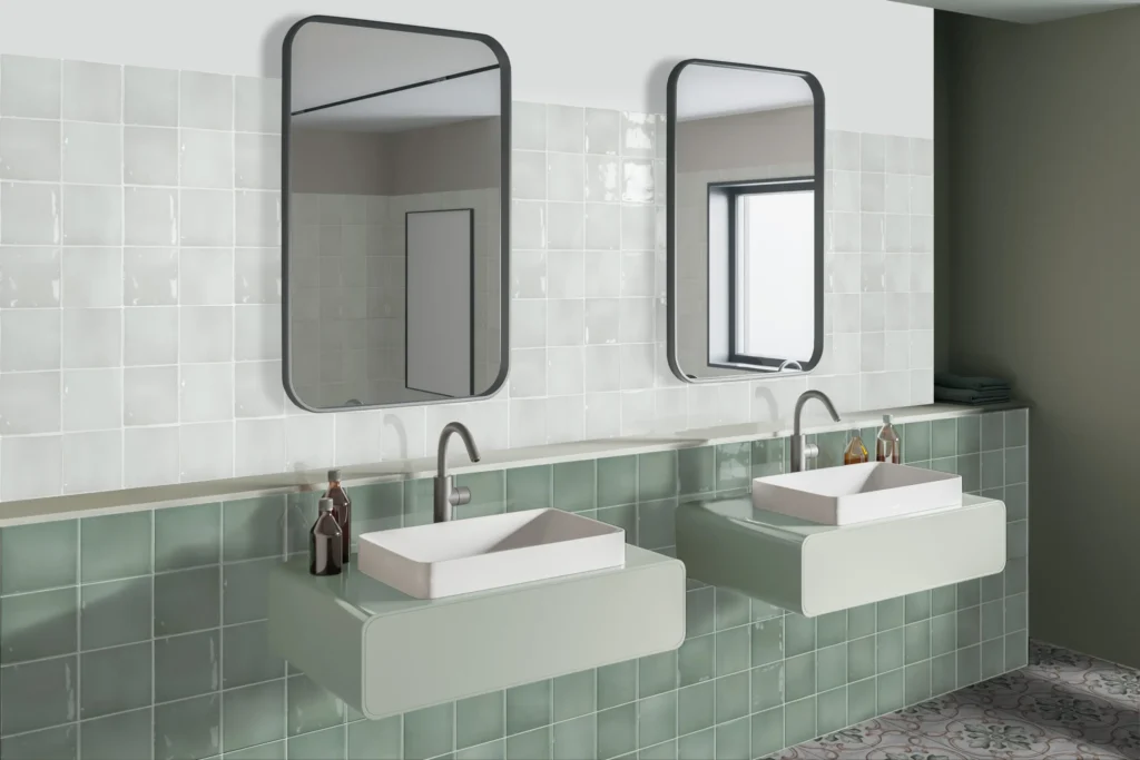 Borriana White Mint 125x125Borriana 5" x 5" Wall Tiles in Mint Green and White in the Bathroom