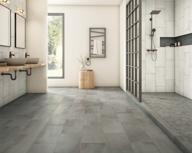 Bathroom with a Midtown 12x24 Alumina and Graphite concrete-look porcelain floor and a steel-frame shower