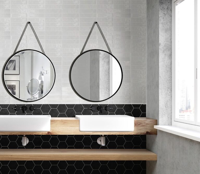 Colors white glossy subway wall tile with black hexagon backsplash in a bathroom